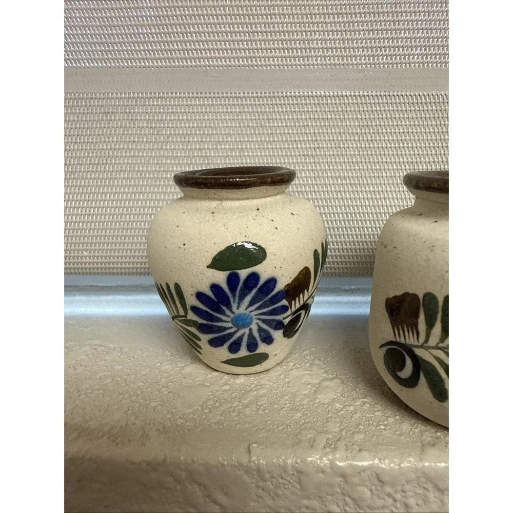 Set of 3 Vintage Tonala Mini Pottery Bud Vases Hand Painted Flowers-Mexico